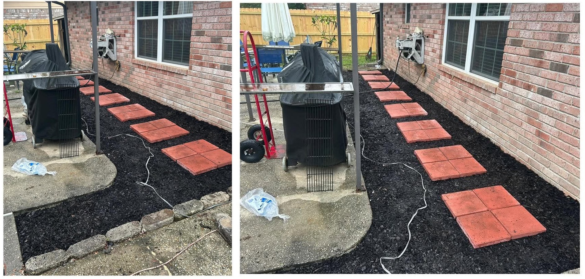 After: fresh mulch bed and paver stepping stones installed